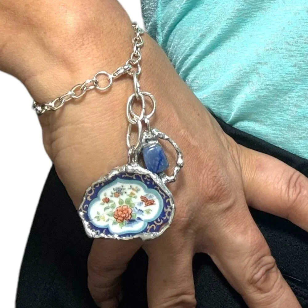 Broken China & Sodalite Charm Bracelet with Artisan Silver-Blend Boho Metalwork